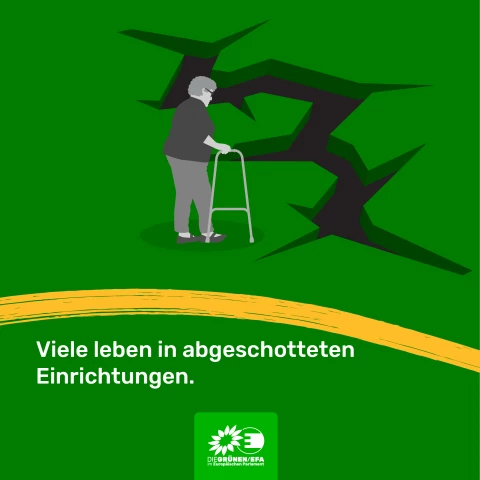 Illustration, ältere Frau mit Gehhilfe vor einem Loch im Boden. Viele leben in abgeschotteten Einrichtungen.