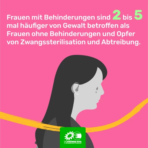 Illustration, weinende Frau mi Hörgerät. Frauen mit Behinderung sind zwei- bis fünf- mal häufiger von Gewalt betroffen als Frauen ohne Behinderung und Opfer von Zwangssterilisation und Abtreibung.
