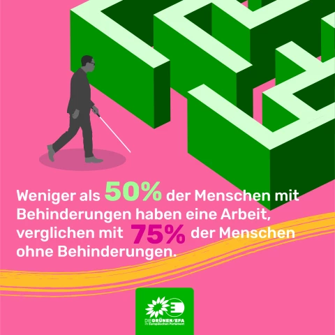 Illustration: Man mit Blindenstock durch Labyrinth. Weniger als 50% der Menschen mit Behinderung haben eine Arbeit, verglichen mit 75% der Menschen ohne Behinderung.