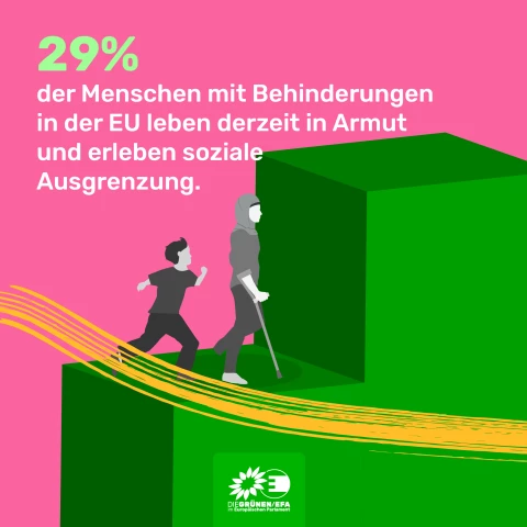 Illustration von einem Kind und einer Frau auf riesigen Stufen. 29% der Menschen mit Behinderung in der EU leben derzeit in Armut und erleben soziale Ausgrenzung.